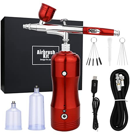 Idropulitrice, Kit Aerografo 30psi Con Compressore Ad Arresto Automatico Set Di Pistole For Spazzole Ad Aria Senza Fili Portatili Alimentazione A Gravità Wireless Ricaricabile A Doppia Azione(Rot)