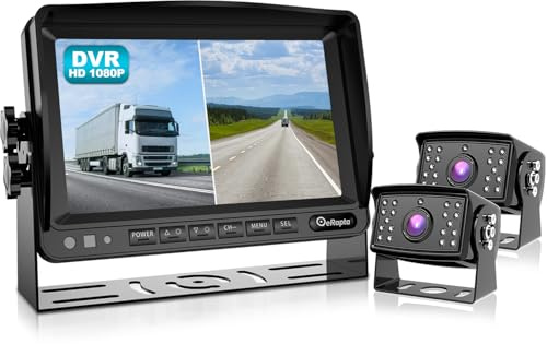 eRapta HD Car Reversing Camera Kit 7-inch 1080P Monitor+Dual Cameras | W/Recording IP69 Waterproof Front/Rear View Cameras Parking Lines for Truck/Trailer/RV