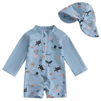 WYTbaby Traje de baño de una pieza para bebé, ropa de protección UV de manga larga para bebé niño con sombrero para el sol