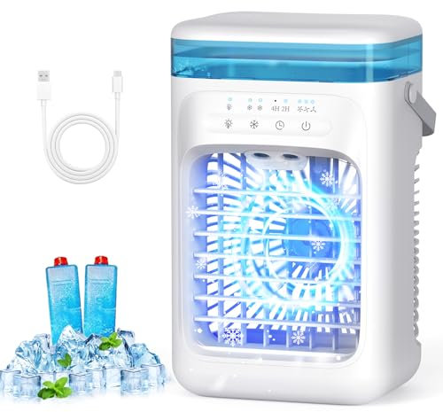 Mini Aire Acondicionado Portatil con 1000ml Tanque, 5 en 1 Enfriador de Aire Silencioso, 3 Velocidades/2 Modos Pulverización/Humidificación/7 LED/2/4H Temporización, Ventilador Enfriador Hogar Oficina
