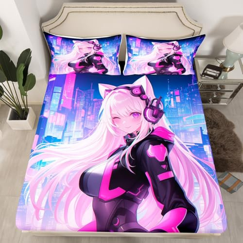 Erosebridal Komplettes Anime-Mädchen-Bettwäsche-Set, Kawaii, japanisches Anime, Cartoon-Manga-Mädchen, Spannbetttuch, Sci-Fi-Stil, japanische Animations-Bettlaken für Kinder, Mädchen, Teenager