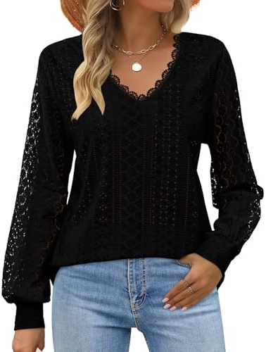 Elesomo Women's Long Sleeve Blouses V Neck T Shirts Lace Tshirts Casual Going Out Tops Tees, Black L