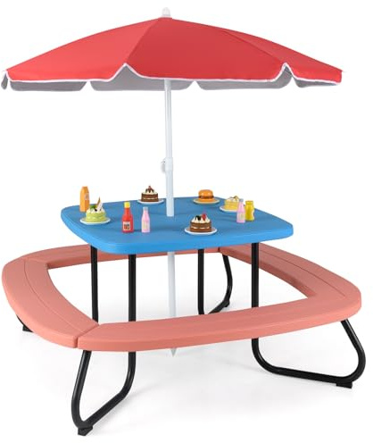 SOARS Ensemble de table de pique-nique pour enfants avec parasol réglable, bancs pour enfants à 8 places en HDPE et métal avec parasol, table et bancs à manger de jardin, parc et plage (rouge d'été)