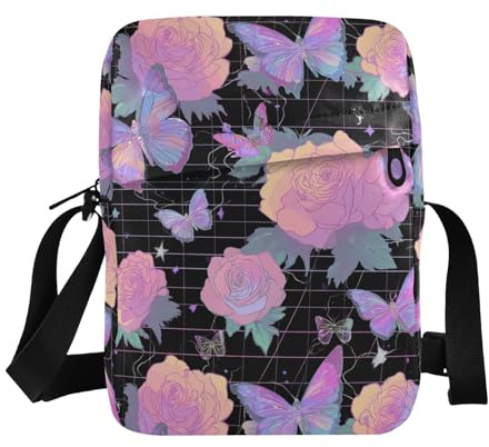 KLL Vapor Style Roses Butterfly Dreamy Herren Kuriertasche Veganes Leder Umhängetasche Reise Damen Schulterhandtaschen