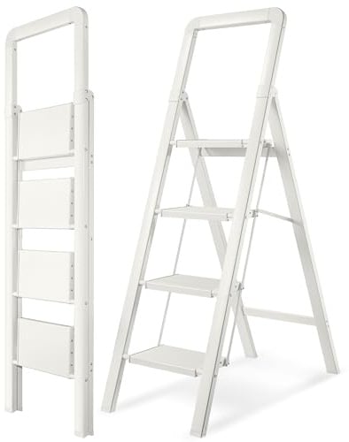 BIBKOKE Step Ladder 4-Step White Finish Aluminum Folding Ladders | Anti-slip Sturdy Foldable Ladder Step Stool for Kitchen Home Office Libaray