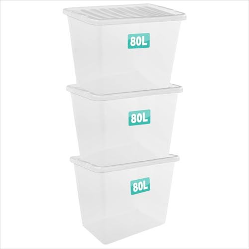 3 x 80 Litre Clear Plastic Storage Boxes With Lids Set of 3, Transparent Multipurpose Nestable Stackable Plastic Box With Lid Containers For Home, Kitchen, Garage, Office, Accessories