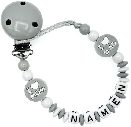 Nuckelkette mit ihren Wunschnamen  I LOVE MOM DAD  iHellgrau Weiß/Unisex/Personalisiert