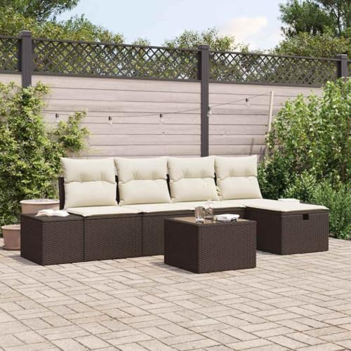 Mandloder Gartensofa-Set mit Kissen, 6-teilig, Braun Poly-Rattan, UV-beständig, Modular für Outdoor-Patio-Möbel, Wetterfestes Balkon-Möbel-Set