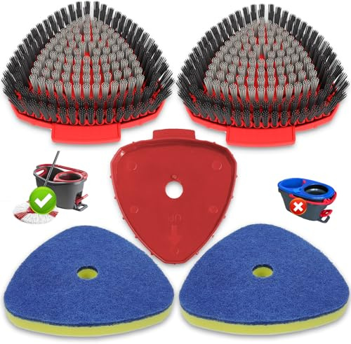 Spin Mop Scrub Head & Sponge Brush Replacement for Vileda Turbo System | 2 Dual-Bristle Power Scrubbers + 2 Magic Foam Sponge Cleaning Brush with Connector, for Hard Floor, Pool, Kitchen & Bathroom