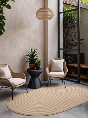 Ted Baker Flachgewebe Teppich Woodfield Oval - Wendeteppich Outdoor geeignet, Pflegeleichter Wohnzimmerteppich, Modern, Bogen Muster für Wohnzimmer, Terrasse, Esszimmer, Balkon - Jute Weiß, 160x230 cm