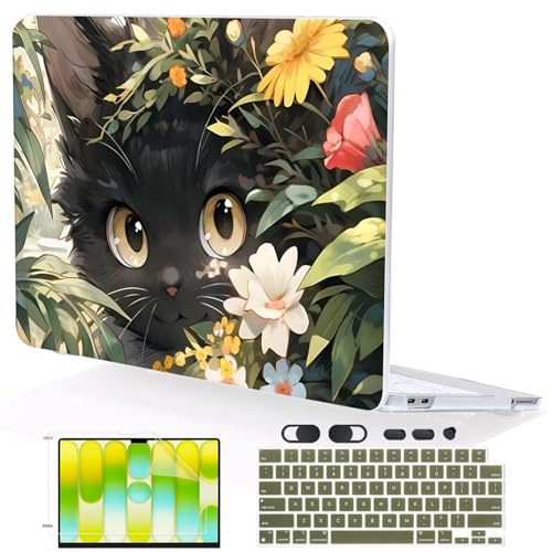 LCMOCICO Compatible with MacBook Neo 13 inch Case 2026 Release Model A3404 Cover, Ultra-Thin Pattern Plastic Hard Shell Case Keyboard Cover Screen Protector Dust Plug, Purple Cute Black Cat
