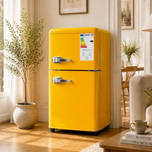 ZHOMGG Mini Frigo Congélateur Combiné 2 Portes 60 L Compact 41 cm (Jaune) | -18°C freezer, 45 dB silencieux, 7 niveaux 0-10°C, LED, étagères réglables, pour Chambre, Bureau et Salon, 41×45×89 cm