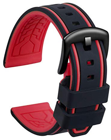 ULLCHRO Bracelet Montre Remplacer Silicone Bracelet Montre Bicolore - 20, 22, 24, 26mm Caoutchouc Montre Bracelet avec Acier Inoxydable Boucle Noir (24mm, Noir et Rouge)