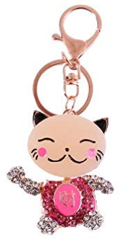 lachineuse - Porte-Clés Chat Japonais avec Strass Brillants - Porte-Bonheur - Chat Japonais Mignon - Objet Kawaii - 5,5 x 4,5 x 2,5 cm - Idée Cadeau Bijou Asiatique Japon - Coloris Rose