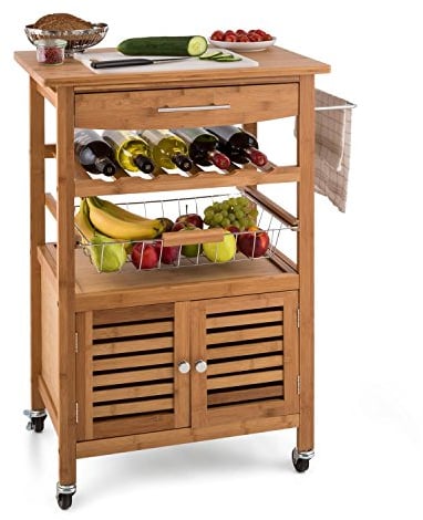 Klarstein Louisiana - Küchenwagen , Rollwagen , Servierwagen , 4 Etagen , inklusive Schränkchen , herausnehmbare Schublade , Flaschenablage , Obstschütte , Bambusholz , braun