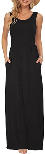 AUSELILY Summer Dresses for Women Casual Sleeveless Ladies Maxi Dress Long with Pockets Black L