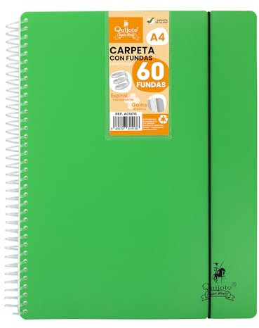 FLEXIBLE SPIRAL CLASSEUR STARPLAST - Organisateurs, avec 60 pochettes, transparent uni, A4, couvercle en plastique résistant. Bureau, école, usage personnel - couleur VERTE.