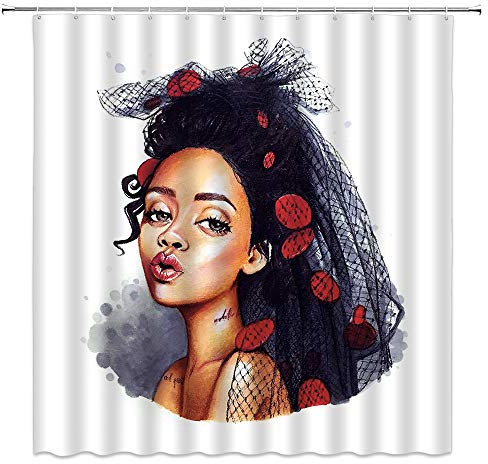 Jingjiji Rideau de douche Femme Sexy Africaine Noir Fille Mode Lèvres Rouges Modèle Nu Art Vintage Peinture à l'huile Salle de Bain Tissu Polyester avec Crochet 178 x 178 cm