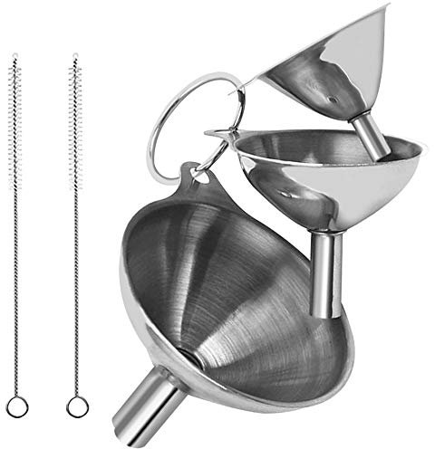 3 entonnoirs en acier inoxydable, entonnoirs en métal maxin petit ensemble d'entonnoirs pour liquides de cuisine, huile essentielle, poudres, épices, flacon, parfum - avec 2 brosses de nettoyage