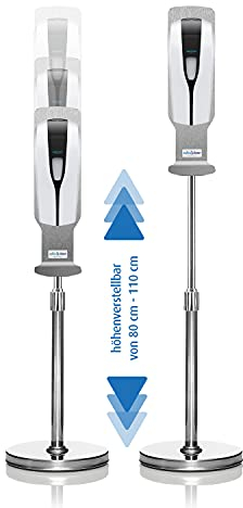 Desinfektionsständer höhenverstellbar inkl. Sensor - Desinfektions-Spender mit Nebeldüse für Flüssigmittel | berührungslose Handdesinfektion mit Sensor | Rundständer |Silber