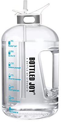Glaxcidy Water Bottle with Straw, 1 Gallon BOTTLED JOY Fitness Sports Water Bottle with Time Markings for Measuring Daily Water Intake, Reusable BPA Free Water Bottles for Gym and Exercise, White