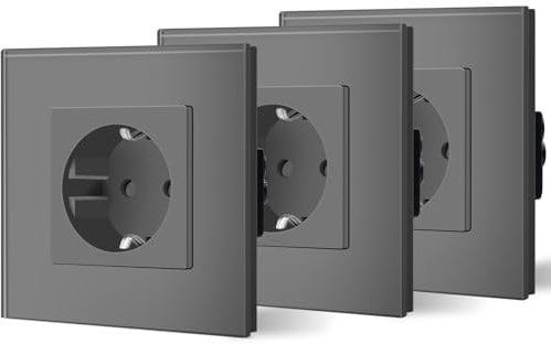 BSEED Schuko Steckdose 3er Pack, 16Amp AC Power Kristallglas Platte, 1 Fach Unterputzdose Steckdose, 86mm Einzelschutz Schutzkontaktbuchse Wandsteckdose Wandsteckdose Grau