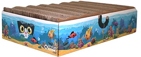 Croci Acquario - Rascador De Cartón 6 En 1 Para Gatos Adultos, Con 3 Paneles Rascables Reversibles De Doble Capa, Pies Antideslizantes, Bolsa De Hierba Gatera Incluida, 44X28X10 Cm