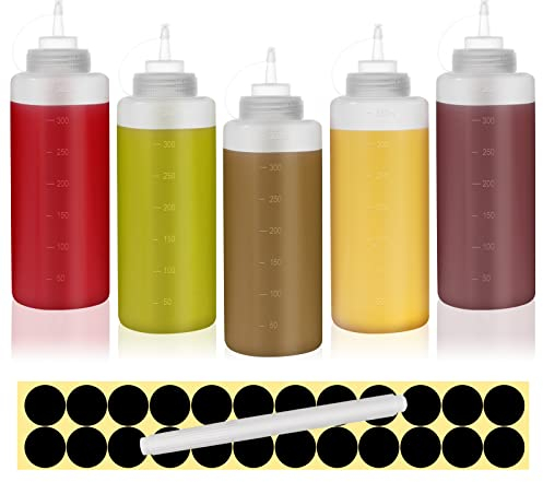 Happybase 12oz Squeeze Bottles with Caps, 5 Pack 360ml Squeezy Sauce Bottles, Plastic Squeeze Dispensers with Measurements for Ketchup, BBQ, Sauces, Syrup, Dressings