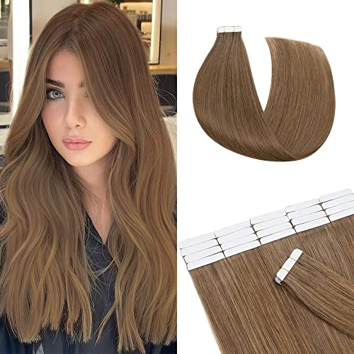SEGO Echthaar Tape in Extensions Haarverlängerung Invisible Seamless Haarteile Skin Weft Menschenhaarverlängerung Klebestreifen Hellbraun#6 61 cm (20 Stück)