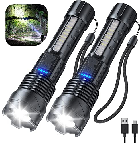 Cinlinso Linterna recargable de alto lúmenes, paquete de 2, 990000 lúmenes, linternas LED superbrillantes con 7 modos de luz, IPX6 impermeable, potente luz de flash de mano para camping y emergencias