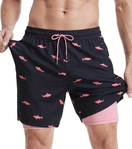 maamgic Badehose Herren 2-in-1 Schnelltrocknend Badeshorts 18cm Innennaht | Modische Muster, weicher Halt, reibungsarm, 4-Wege-Stretch, 2 Reißverschlusstaschen, inneres Handyfach, alltagstauglich
