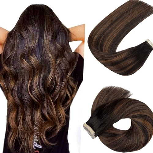 HotLulana Tape Extensions Echthaar Balayage Natürliches Schwarz bis Chestnut Braun Extensions Echthaar 18zoll/45cm 40g Invisible 100% Natürliche Skin Weft Tape in Extensions Echthaar 20pcs #1B/1B/6.