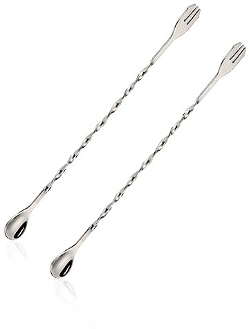 KQNM 2 Pièces 26CM Agitateur Cocktail Cuillere Cocktail Cuillère à Agiter en Spirale, Cuillère à Agiter pour Cocktail, Cuillère à Agiter à Poignée en Spirale avec Fourchette