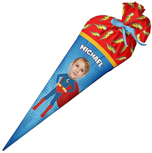 Ferocity Schultüte Super Schüler mit Namen und Foto für Jungen, Personalisierte Foto Tüte, aus Stoff, 70 cm Zuckertüte mit Papprohling und Füllung, große Tüte als Kissen [149]