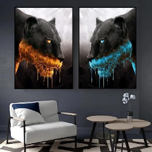 GEMMII Street Wall Art Black Panther Tiere Bilder und Poster Druck auf Leinwand für Heimdekoration Wohnzimmer Dekor 50x75cmX2 Rahmen