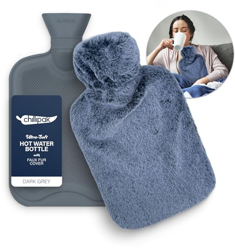 CHILLIPAK Luxury Hot Water Bottle with Cover UK - Large 2L Reusable Hot Water Bag for Pain Relief Back Neck Shoulder Belly with Cute Plush Soft Fluffy Cover - Multipurpose Hot Cold Compress