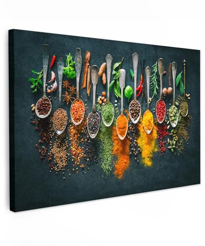 MuchoWow© Bilder 90x60 cm Wohnzimmer Deko Modern Wandbild Kunstdruck auf Leinwand Bild Schlafzimmer über Bett Room Decor Geschenke Küche - Kräuter - Gewürze - Löffel