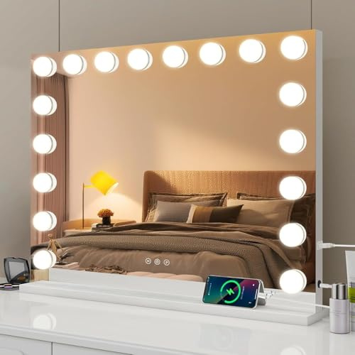 YOURLITE Hollywood Vanity Mirror with Lights, 80×62cm Lighted Makeup Mirror with 18 Dimmable Led Bulbs, 3 Lighting Modes, Touch Screen Control, Tabletop and Wall Mounted for Bedroom