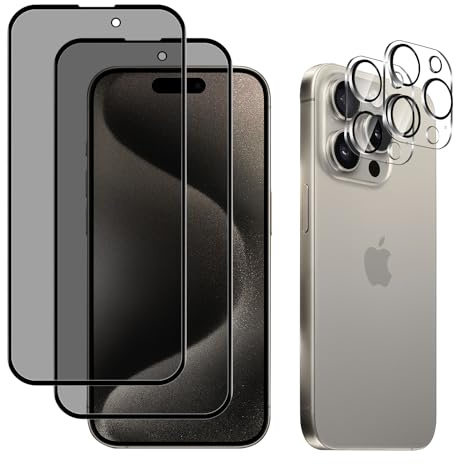 ZoRoll Cristal Templado Privacidad [2 + 2 Piezas] Compatible con iPhone 15 Pro Max + 3D Cámara Protector, [9H Dureza] Anti Espía de Protector de Pantalla Compatible con iPhone 15 Pro Max