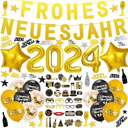 Silvester Party Dekoration Set 2024, Happy New Year Party Dekorationen 2024, Happy New Year Ballons 2024, Happy New Year Banner, Black Gold Happy Neujahr Deko, Silvester Party Dekoration 2024 (Stil 3)