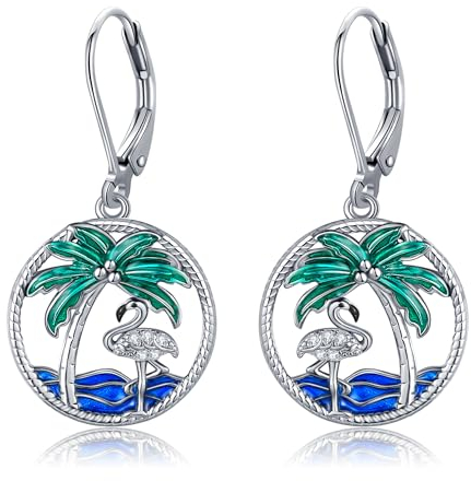 Flamingo Earrings Sterling Silver Flamingo Palm Tree Dangle Earrings Flamingo Jewellery Gifts for Women