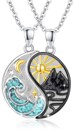 REDSUN Yin Yang Halskette 925 Sterling Silber Berg Sonne Anhänger Halskette für Paar BFF Kette 2ps Freundschaftskette Schmuck Geschenke für Damen Herren Couple Tochter (Türkis1)
