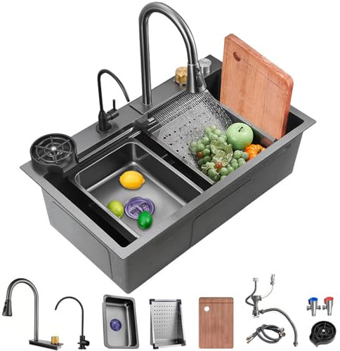 Fregadero de cocina en cascada Ribanedy negro de 80 cm de acero inoxidable Fregadero empotrable