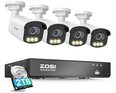 ZOSI C186 3K AuroraLux Kit Caméra Surveillance PoE, Vision Nocturne Vive Via AI-IPS, F1.0 Grande Ouverture 1/1.79 Capteur d'image, 8CH 4K 2 to NVR Détection Humaine/Véhicule, Audio bidirectionnel