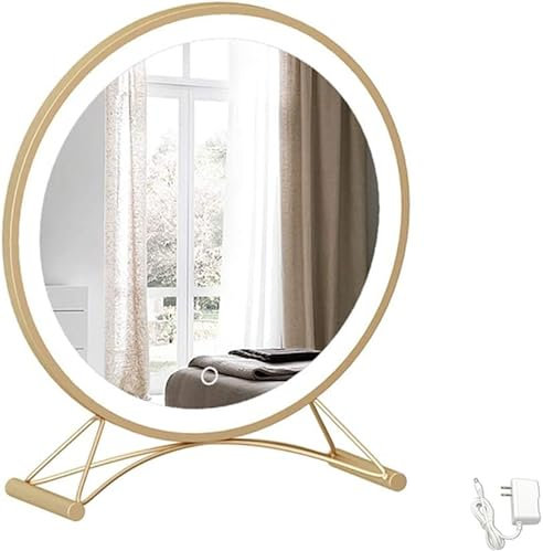 ARTSZY Light Luxury Vanity Mirror Desktop LED Illuminated Mirror Desktop Simple Modern Bedroom Fill Light Makeup Mirror Smart Touch stepless dimming Metal Paint Frame Champagne Gold