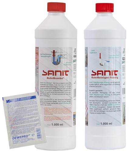 DEWEPRO-Set: SANIT RohrBombe und SANIT Rohrreiniger flüssig - je 1000ml - perfektes Set zum Lösen von Verstopfungen und anschließendem Reinigen - inkl. 1 St. DEWEPRO® Single Scrubs