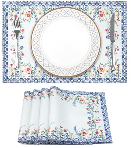 Arquiel Platzset 4er Set, Tischsets Blumen Abwischbar Blau Floral Hitzebeständige Placemats Saisonaler Küche Tisch Dekoration Urlaub Dekors und Frühling Sommer(33 * 48cm)
