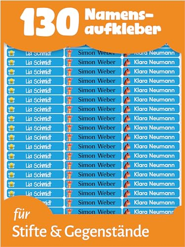LabelTiger® Personalisierte Namensaufkleber für Kinder in der Schule - 130 Stück, Ideale Aufkleber für Stifte & Schulsachen, Selbstklebend & Wasserfest - Blau