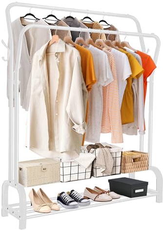 Shoze Kleiderstange, Doppelruten Kleiderständer Metall Trockenständer Stabil Freistehender Kleiderbügel mit Doppelt Schuhregal Klamotten Ständer Garderobenständer für Schlafzimmer(Weiß)