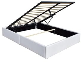 Solide Lit Coffre Blanc pour Matelas 140x190 cm - 12 Lattes - Manon + Pieds - Montage Rapide et Facile - revetement PVC Simili Facile d'entretien